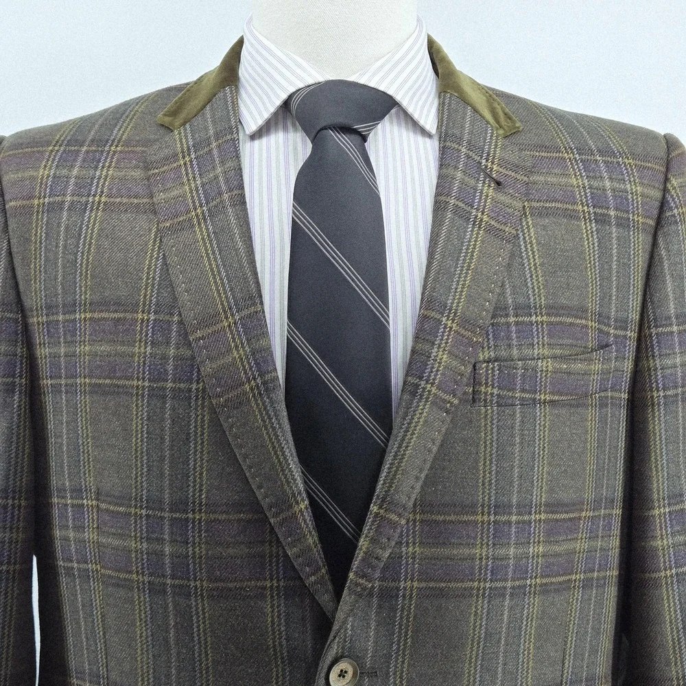 Ted Baker Sport Coat Mens 44 Brown Plaid Wool Tweed 2 Button Made In Italy